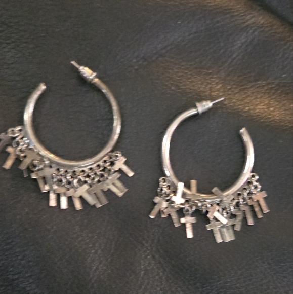 Dolls Kill Silver Hoop Earrings with Cross Charms - Picture 6 of 6